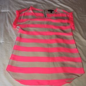 Express neon pink + tan short sleeve blouse